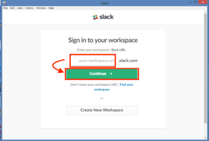 サインイン画面が表示されるのでworkspace名を入れます（WindowsのSlackアプリ）