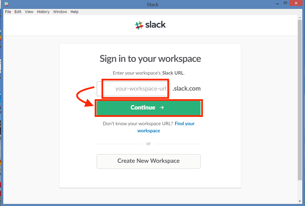 サインイン画面が表示されるのでworkspace名を入れます（WindowsのSlackアプリ）