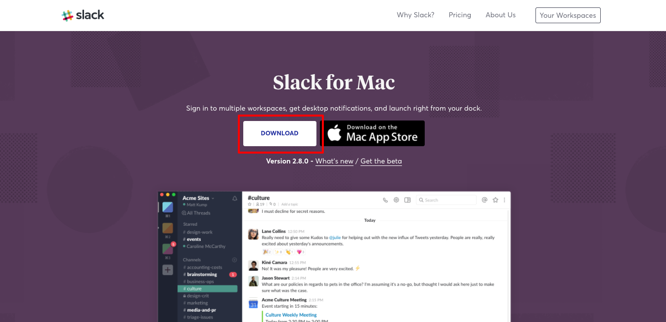 MacOS向けのダウンロード画面（Slack）