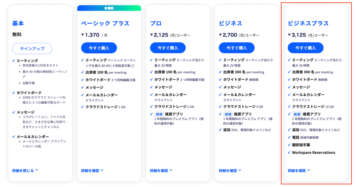 Zoom_プラン_ビジネスプラスプラン